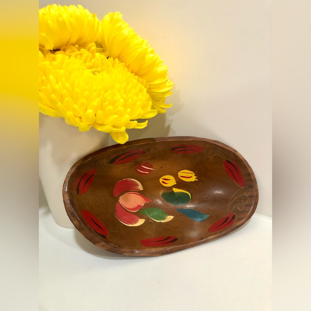 Small Wooden Bowl with Hand-painted Flowers